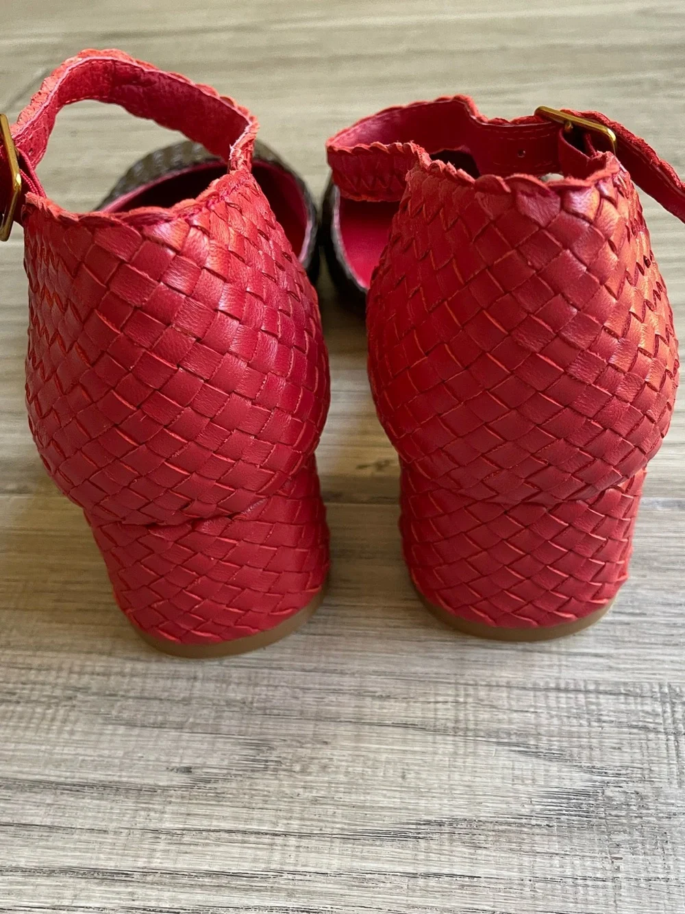 Charlotte Stone Mary Jane Chunky Heel Woven Leather Brown/Red Mod Chic SZ 7